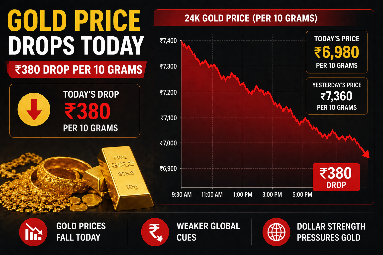 Gold price drop ₹380 per 10g with downward trend chart
